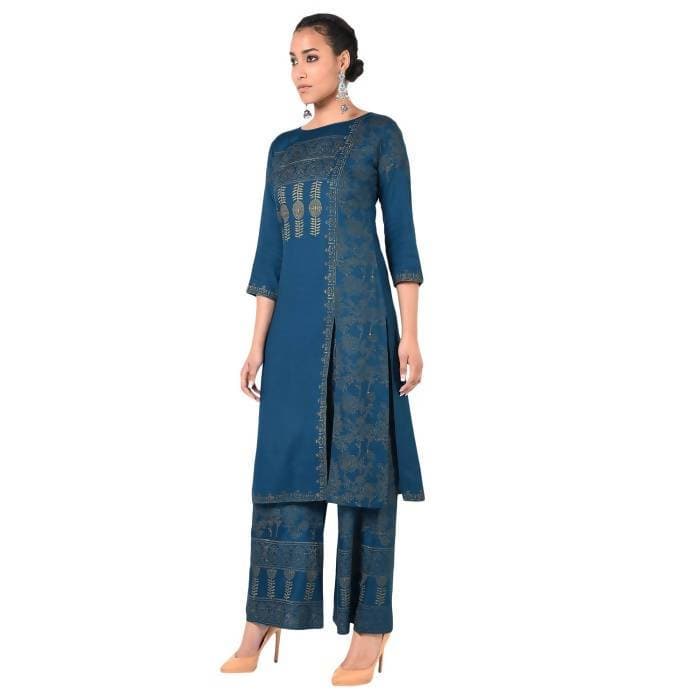 Aniyah Rayon Block Print Front Slit Straight Kurta In Blue Color (AN-167K) - Swadesiicart