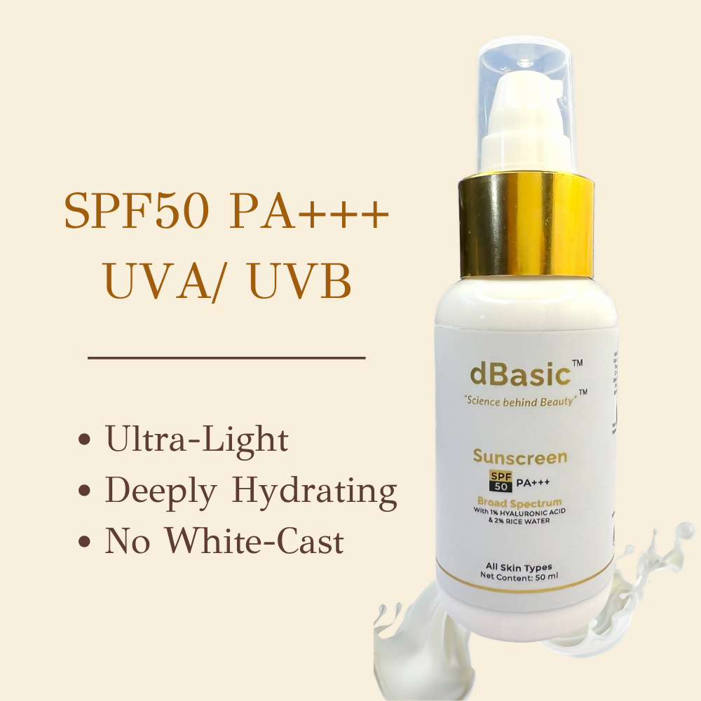 dBasic Sunscreen SPF50 PA+++ UVA/UVB, Blue Light Filter, Rice Water, Shea Butter & No White Cast | Swadesiicart