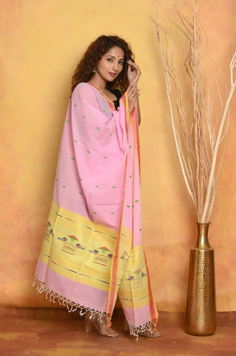 Very Much Indian Handloom Pure Cotton Paithani Dupatta Pink | Swadesiicart