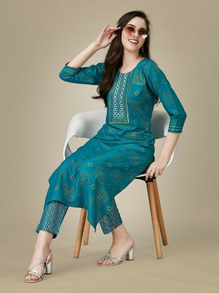 Jyoti Fashion Women's Rama Rayon Embroidered Kurta Pant Set | Swadesiicart