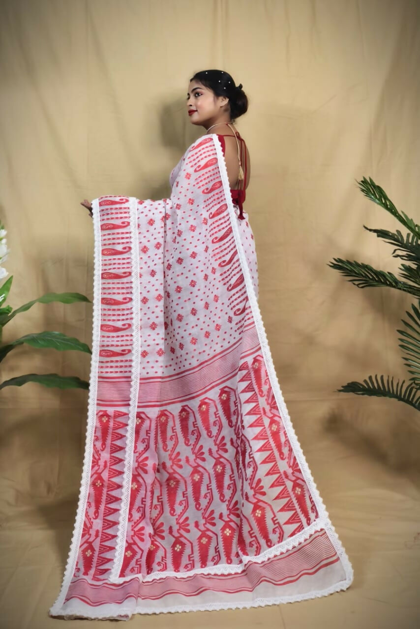 Exclusive Collection Beautiful White Red Jaal Jamdani Saree - Swadesiicart