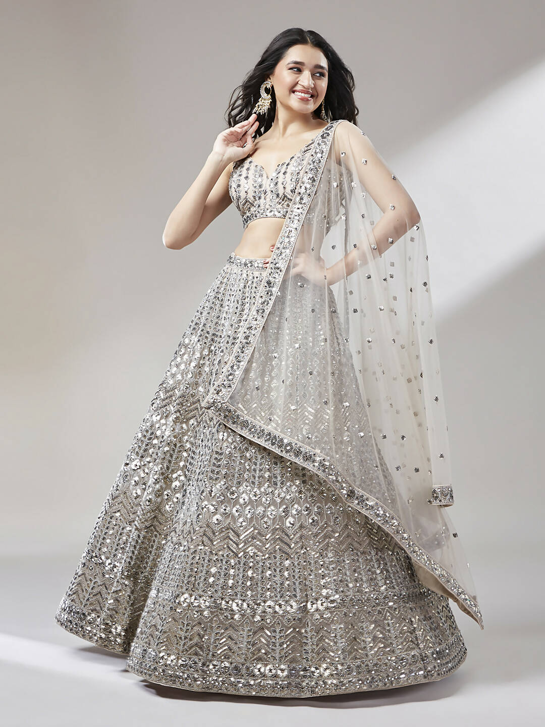 House of Panchhi Beige - Net Mirror & Sequins Embroiderey Lehenga choli | Swadesiicart