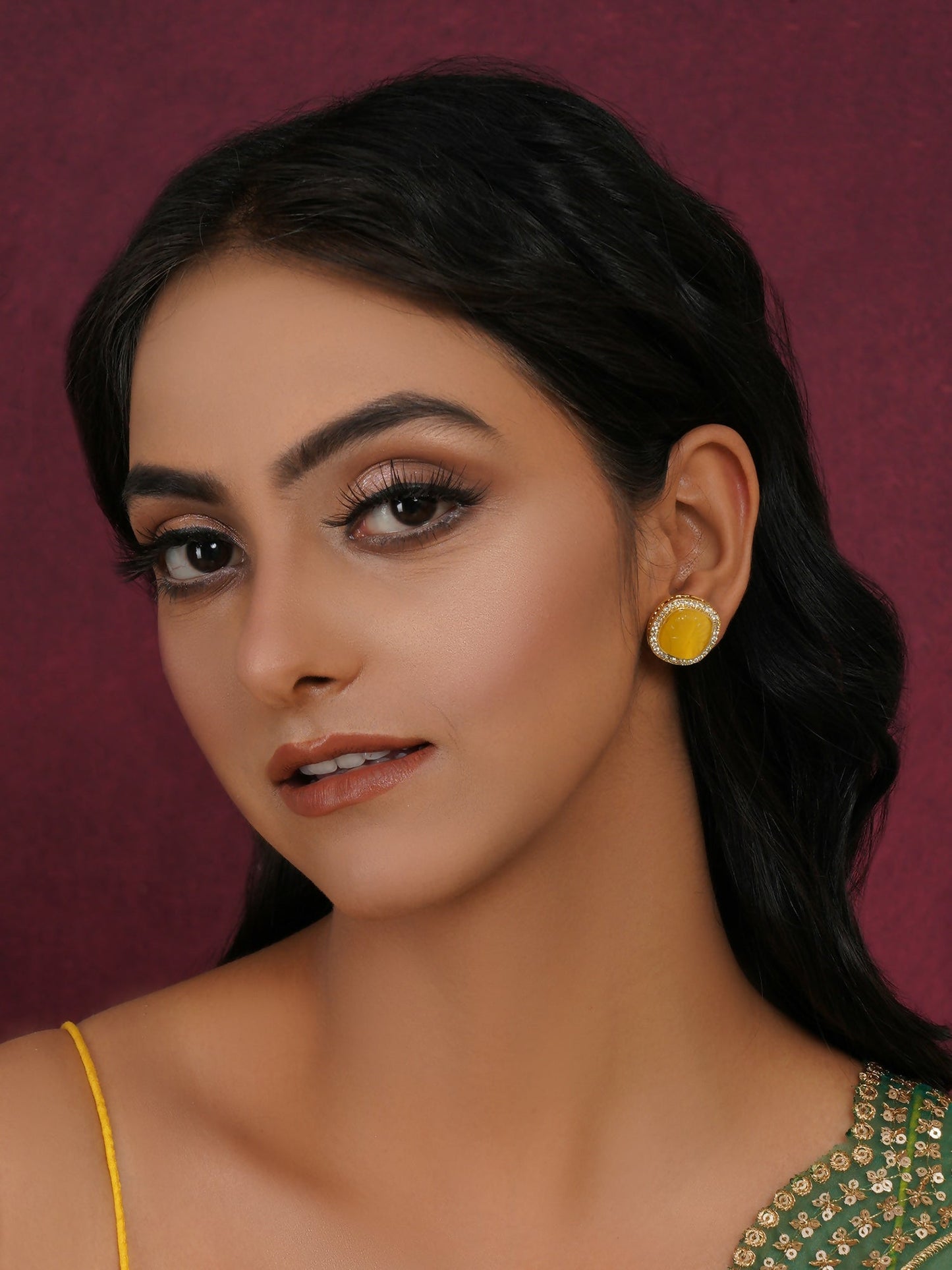 Yellow Stone Kundan Studs (yellow) - Ruby Raang | Swadesiicart