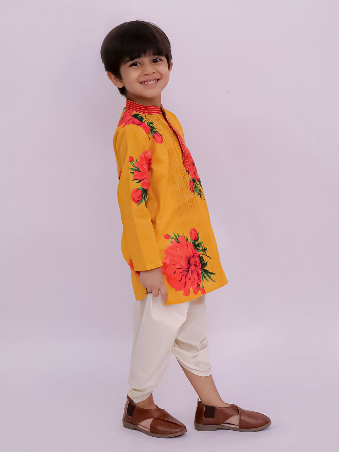 Lil Drama Genda Phool Mustard Kurta and White Dhoti Set for Boys | Swadesiicart