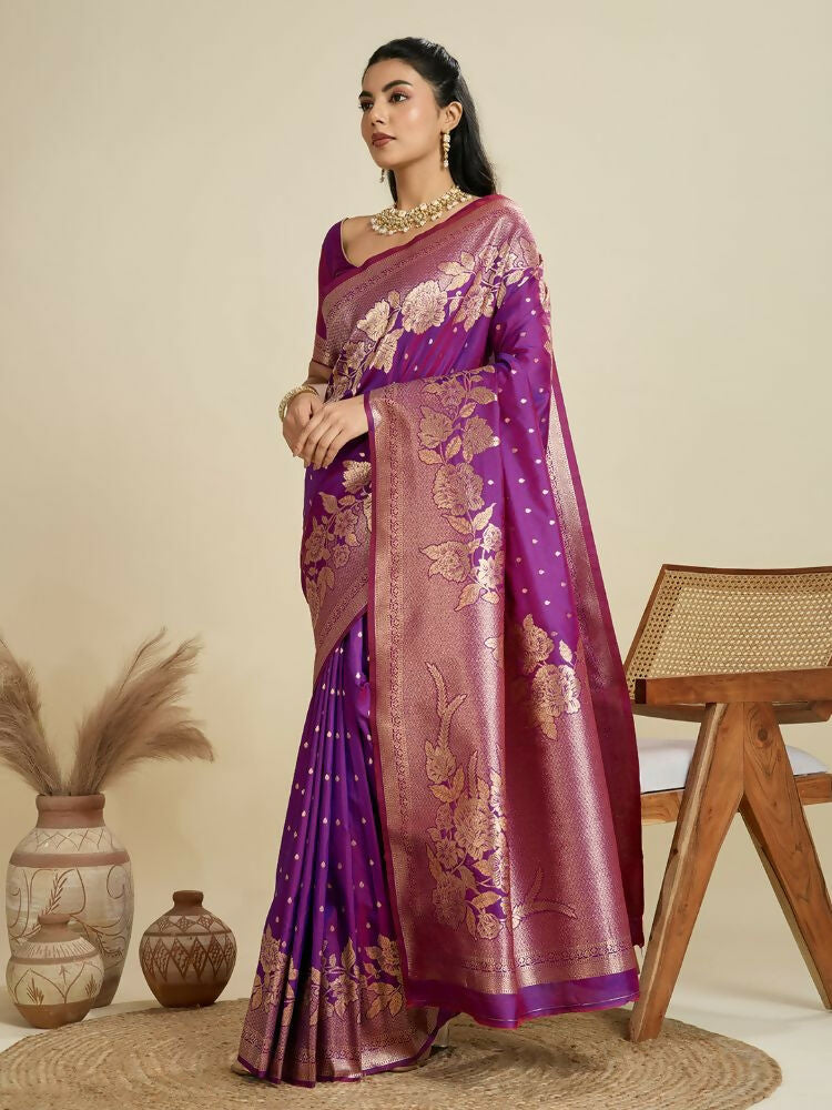 Vishnu Weaves Women's Purple Banarasi Silk Zari Woven Saree with Blouse - Swadesiicart