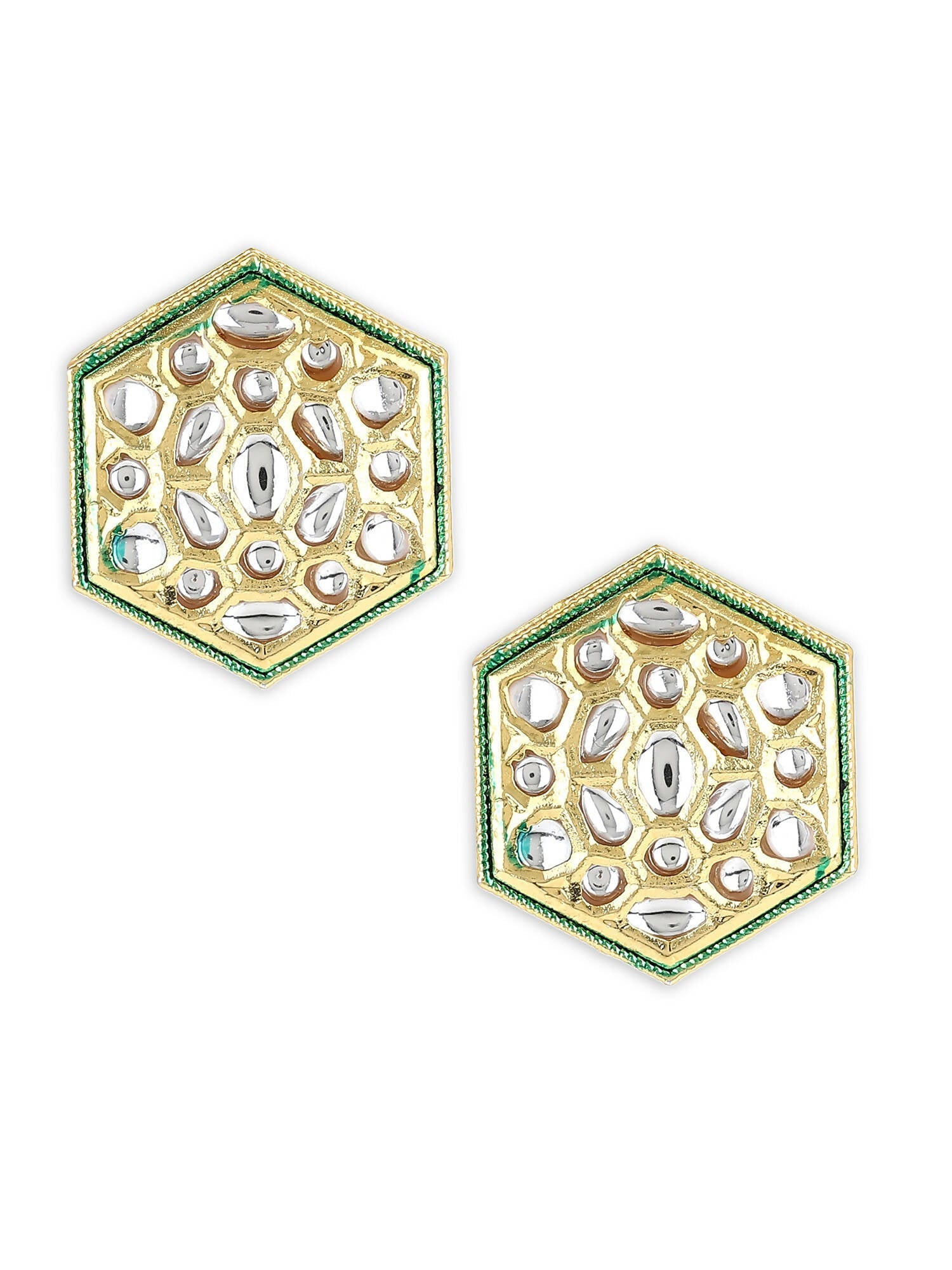 Gold-Toned White Kundan Contemporary Gold-Polished Studs Earrings - Ruby Raang - Swadesiicart