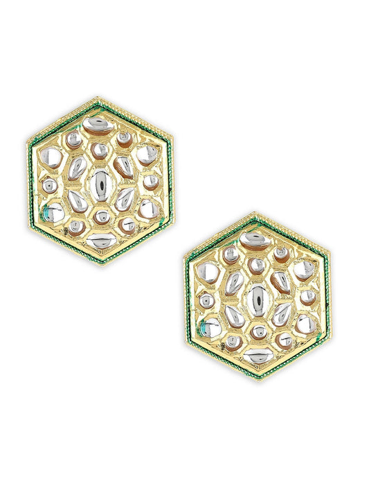 Gold-Toned White Kundan Contemporary Gold-Polished Studs Earrings - Ruby Raang - Swadesiicart