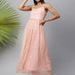 Ahalyaa Women Pink Net Gold Foil Print Dress | Swadesiicart
