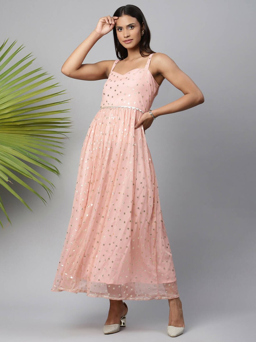 Ahalyaa Women Pink Net Gold Foil Print Dress | Swadesiicart