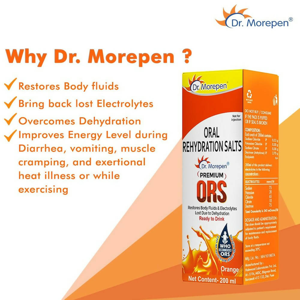 Dr. Morepen Premium ORS Drink With Electrolytes for Instant Hydration Orange Flavour | Swadesiicart