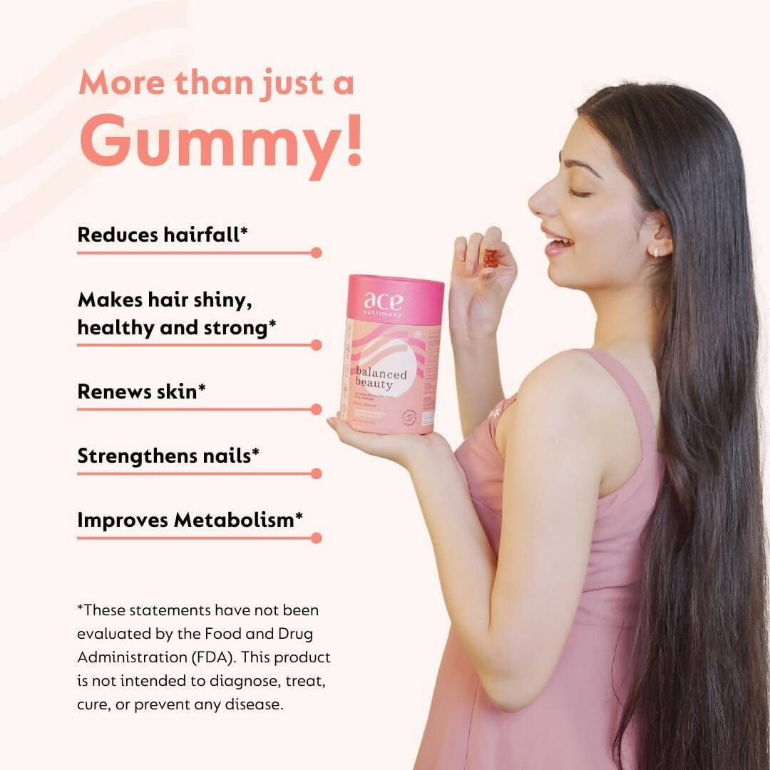 Ace Nutrimony Biotin Balanced Beauty Hair Gummies for Skin and Nails with Clinically Proven Keranat, Biotin - Strawberry | Swadesiicart