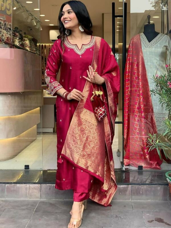 The52 Maroon Beautiful Embroidered Viscose Chanderi Fabric Straight Kurta Pant with Dupatta Set - Swadesiicart