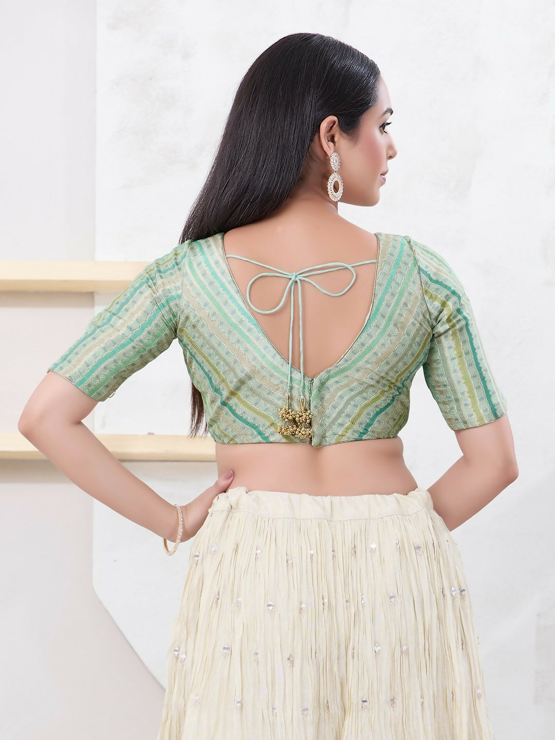 Joban Fashion Pista-Green Jacquard Elbow Sleeveless Back Open Blouse - Swadesiicart