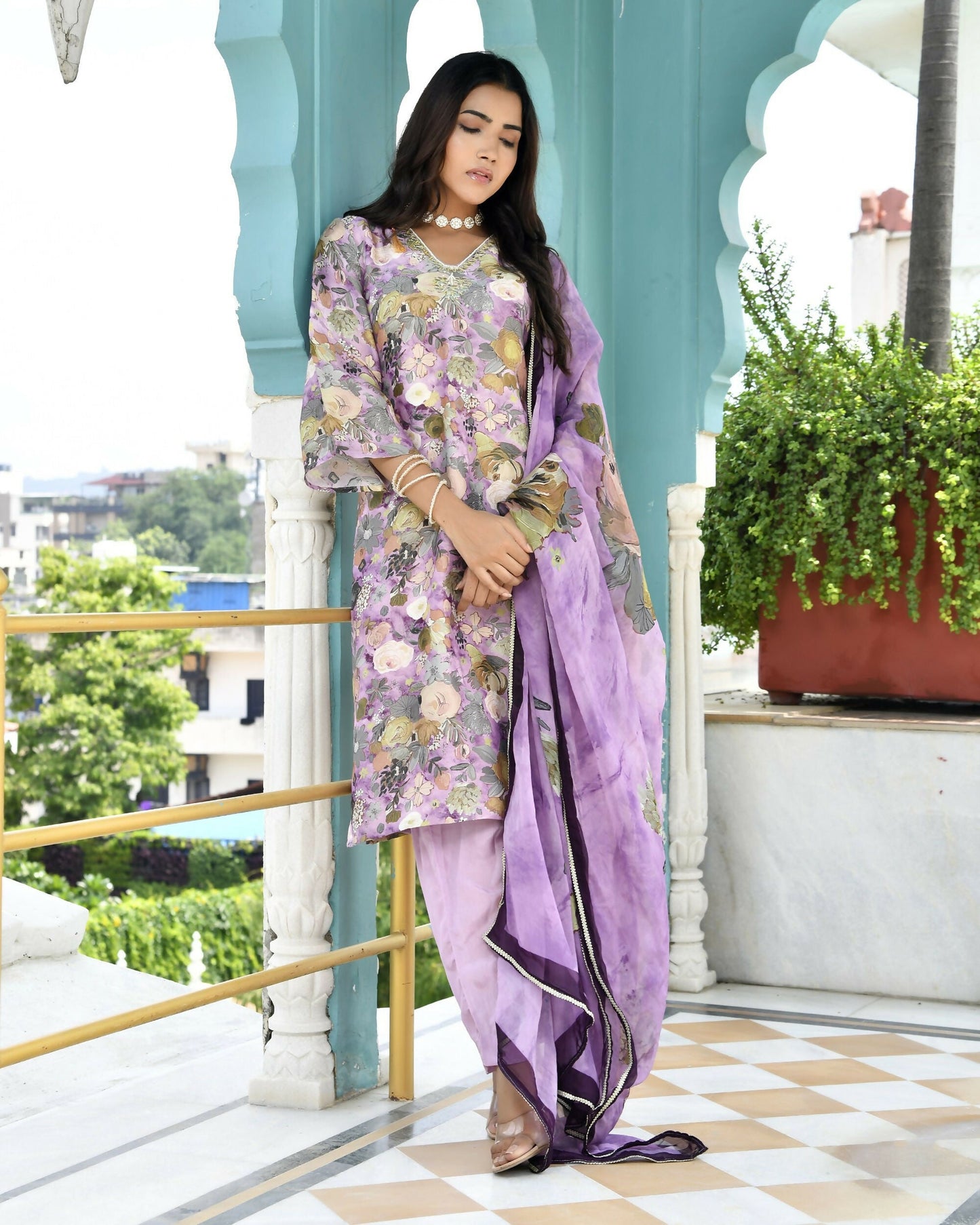 Vaasva Women's Purple Tissue Gota Embroidered Suit Set With Solid Pant And Embroidered Dupatta | Swadesiicart
