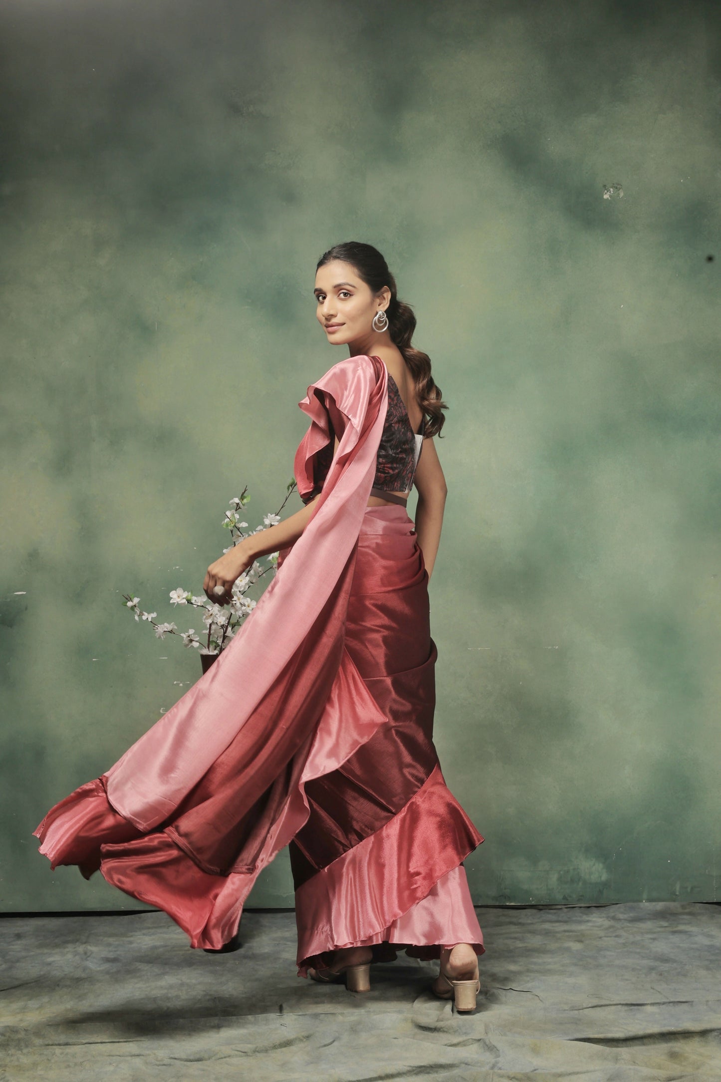 Pink Satin Solid Designer, Printed Party Wear Ready To Wear Saree - Nasreen | Swadesiicart