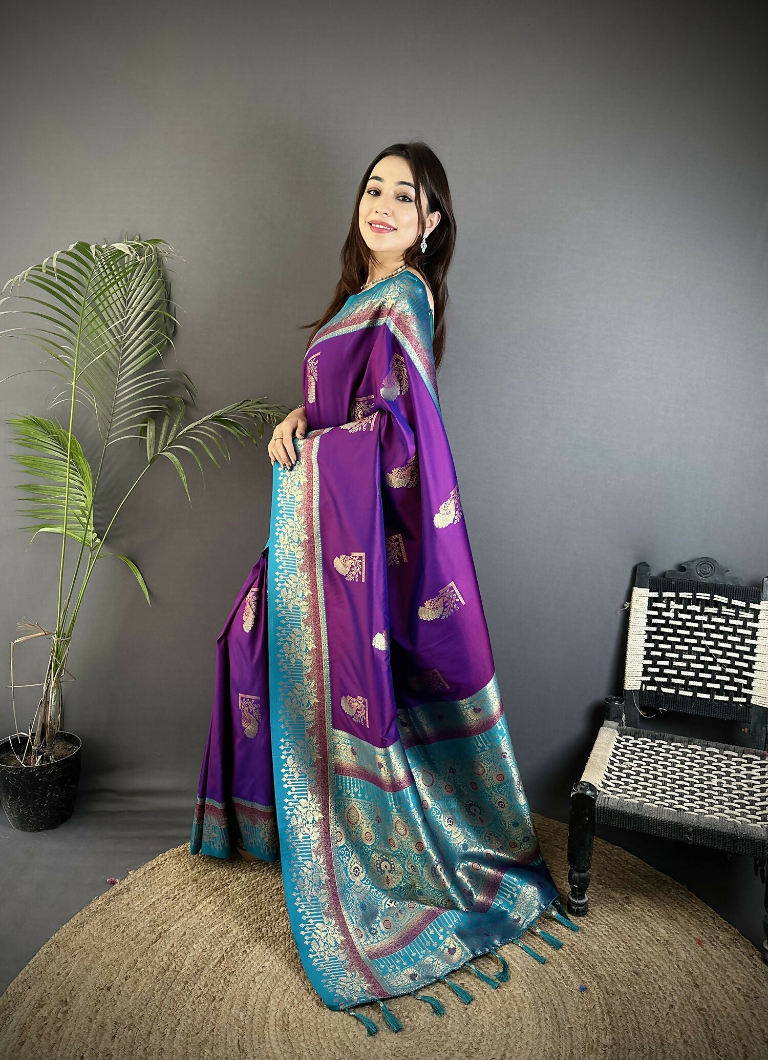 Joban Fashion Purple Banarasi Soft Silk Peacock Butta Work Saree | Swadesiicart