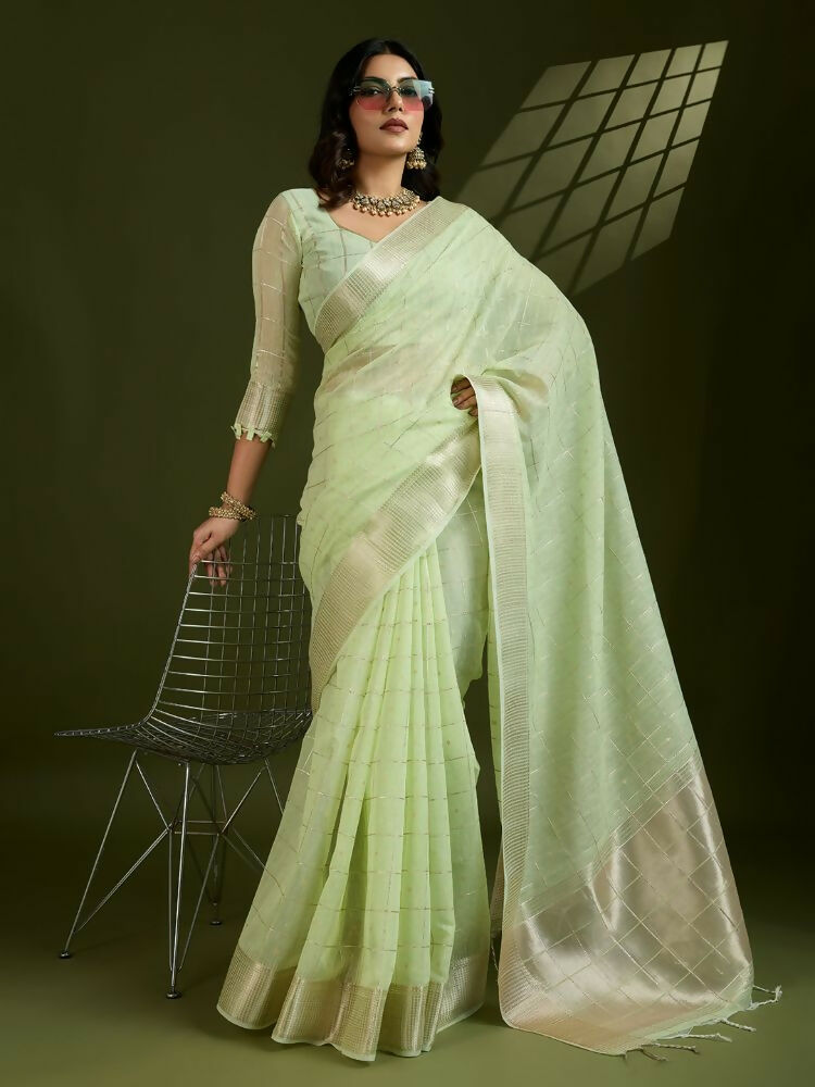 Vishnu Weaves Women's Pista Soft Silk Zari Woven Saree with Blouse - Swadesiicart