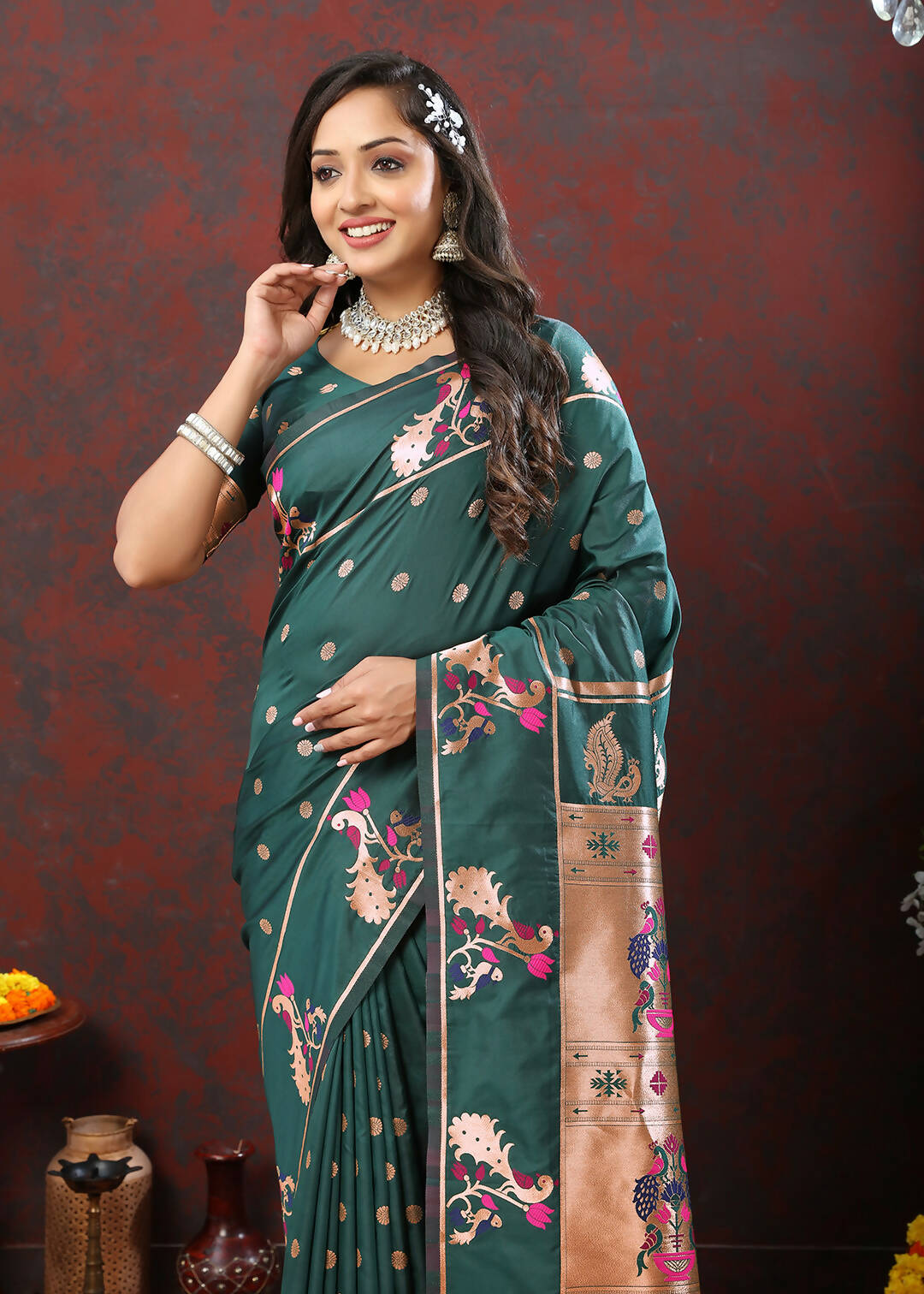 Lorenvalley Fashion Green Soft Paithani Silk Woven Design Copper Zari Meenakari Weaving Saree - Swadesiicart