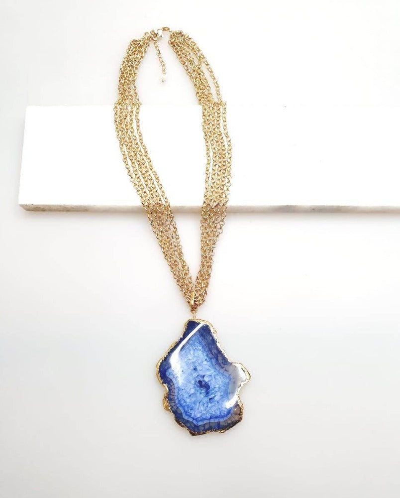 Bling Accessories Navy Agate Natural Stone Matt Gold Cluster Chain 5 Rows Necklace | Swadesiicart