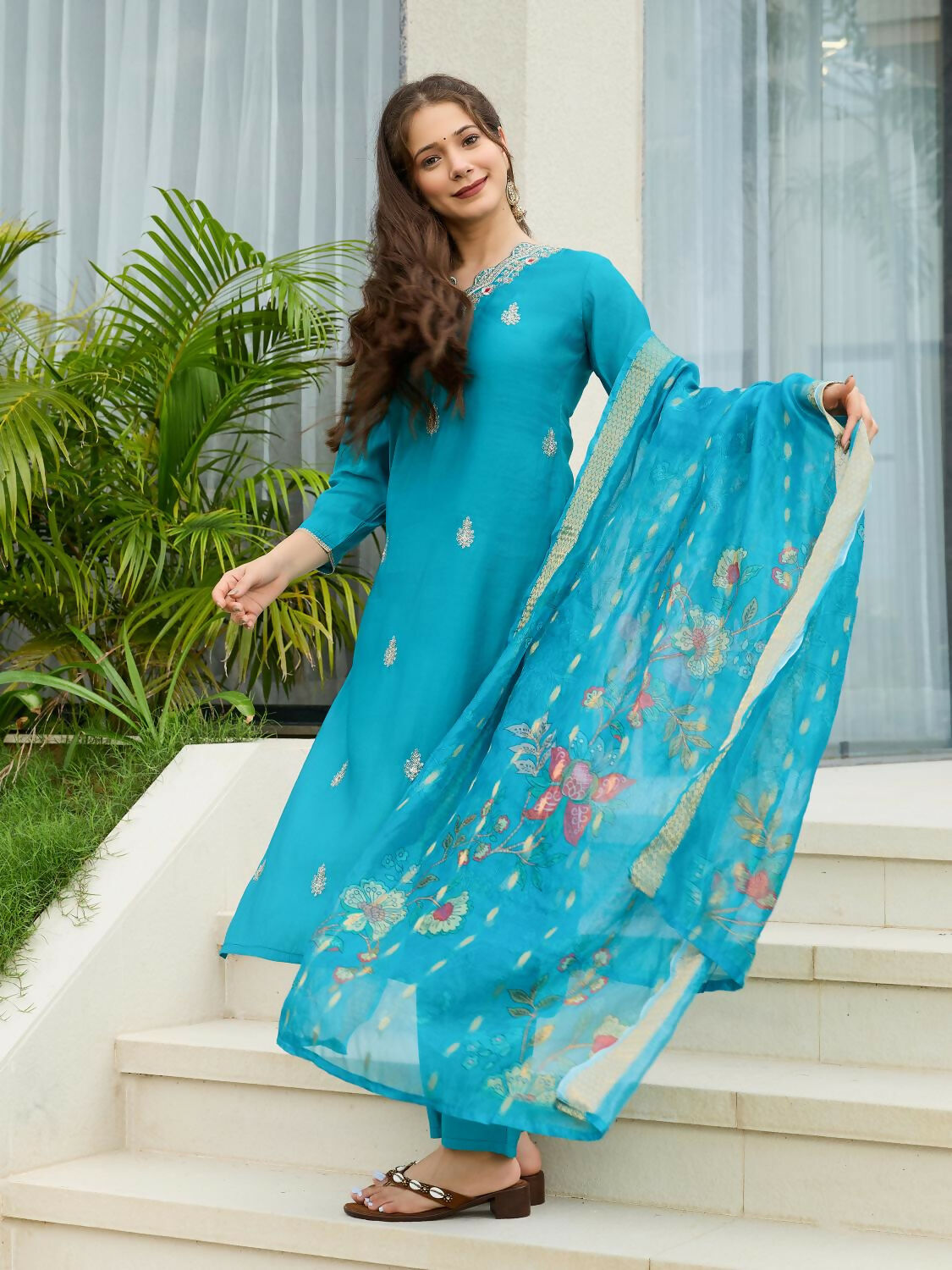The52 Blue Women's Gorgeous Viscose Fabric Embroidered Work Straight Kurta, Pant and Dupatta Set - Swadesiicart