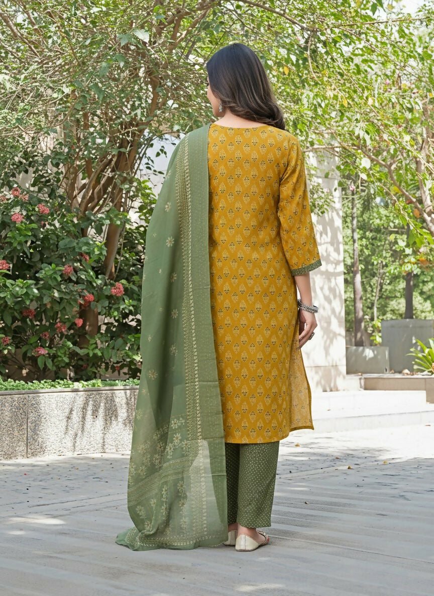 BulBul Aaliya Warm Mustard Cotton Kurta Set with Dupatta - Swadesiicart