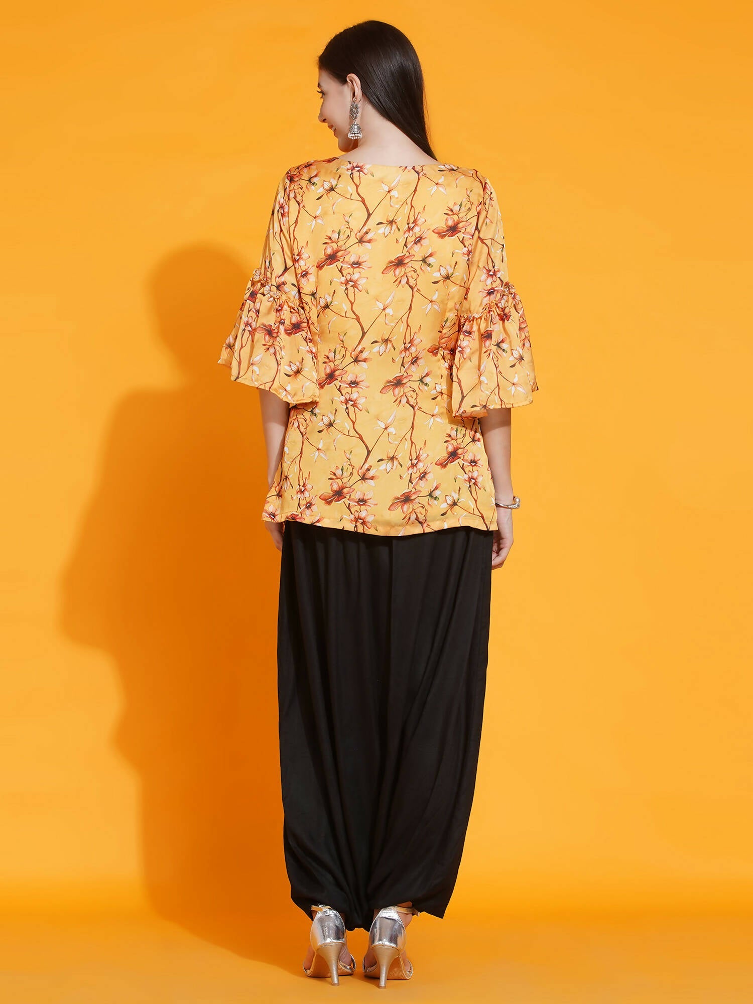 Women Republic Yellow Printed Satin Georgette Shirt With Bell Sleeves And Dhoti | Swadesiicart