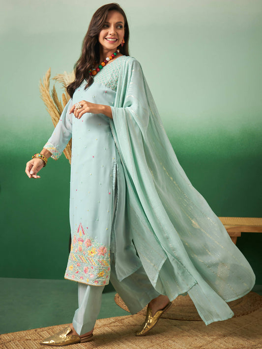 Sky Blue Georgette Handwork Unstitched Dress Material - Hanika | Swadesiicart
