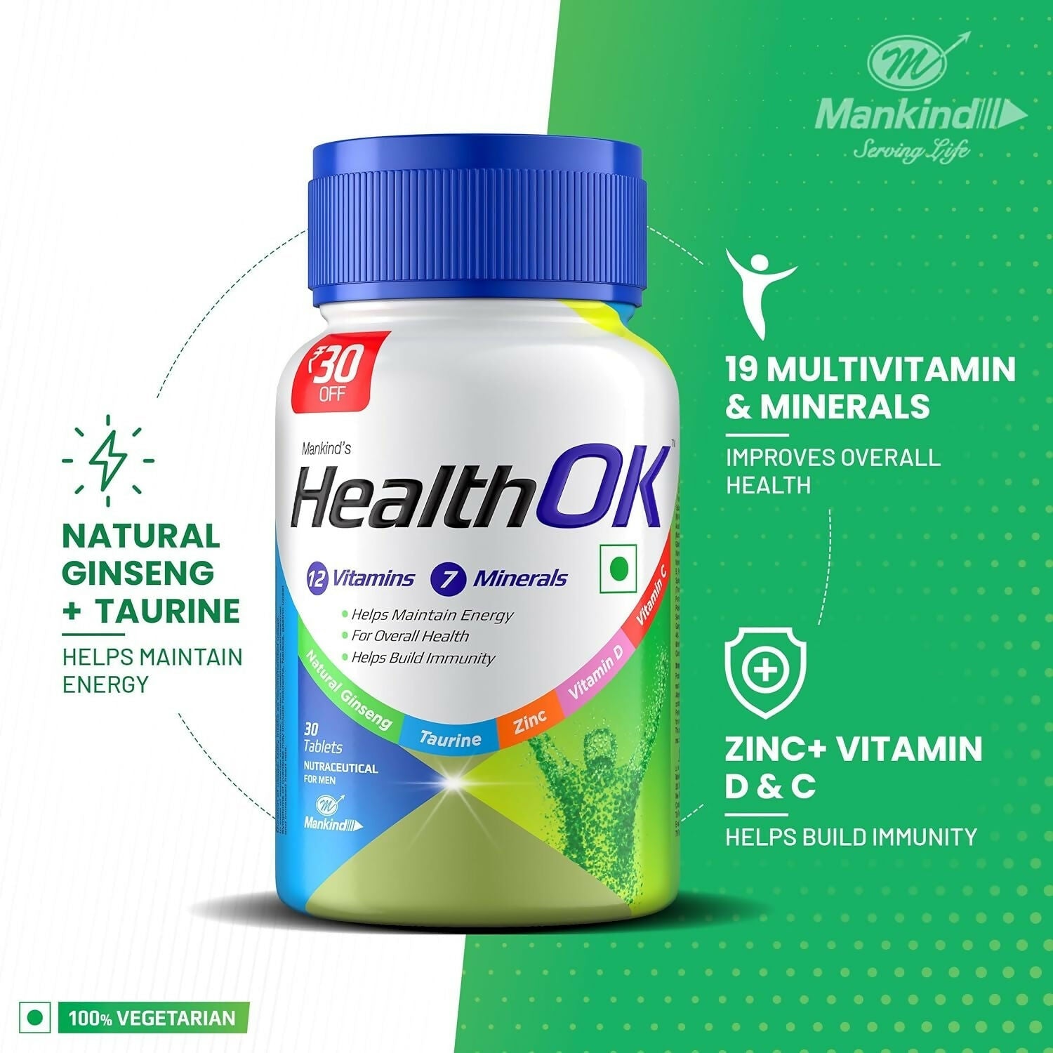 Health OK Multivitamin Tablets For Daily Energy, Vitamin D, C & Overall Health - Swadesiicart