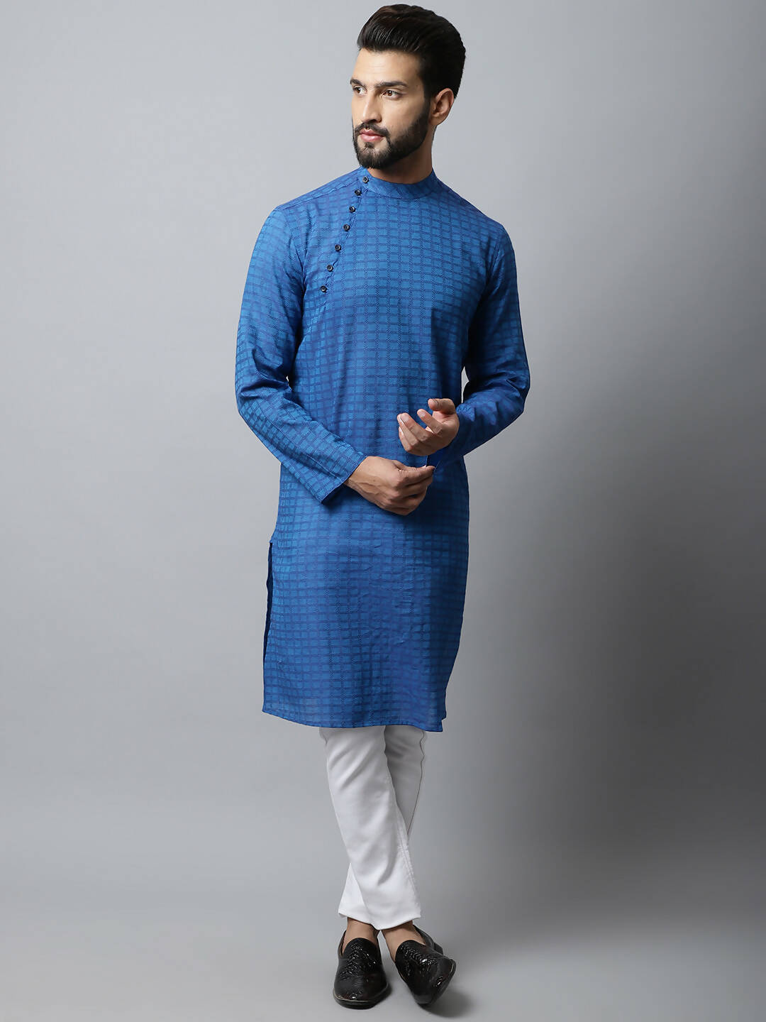 Even Apparels Blue Color Pure Cotton Men's Kurta With Band Collar (CHK1198) | Swadesiicart