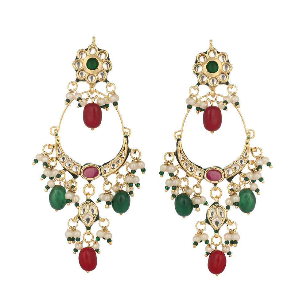 Nuyug 22K Gold Plated Crescent Kundan Drop Green Stone Chandbali Earrings | Swadesiicart