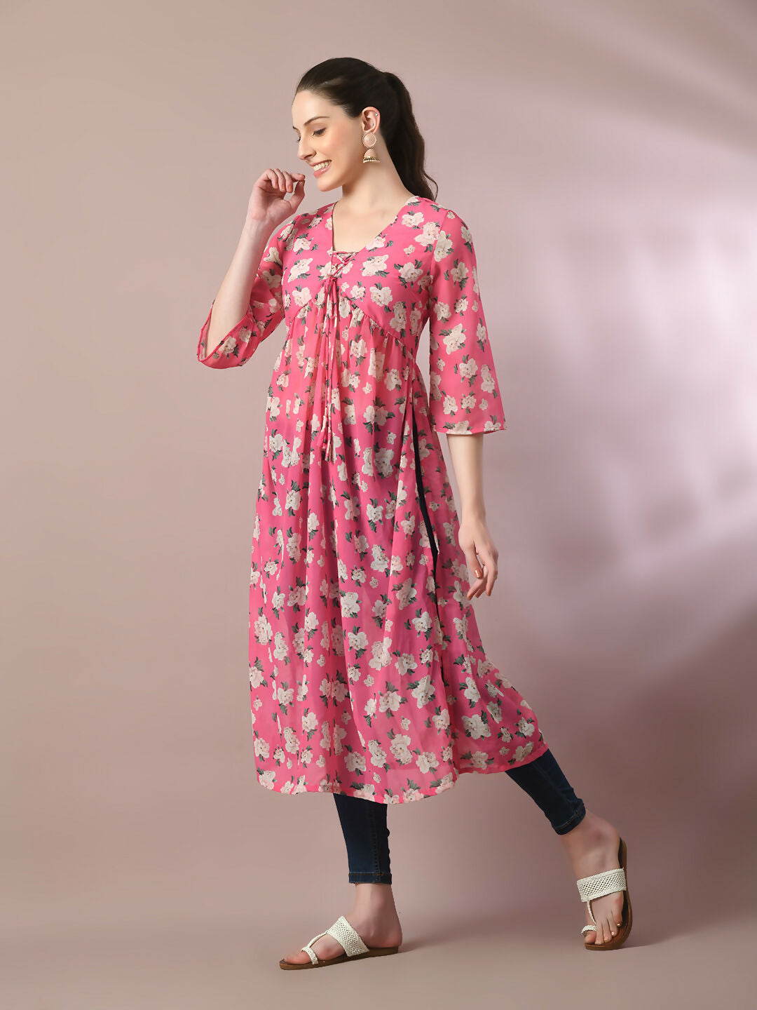 Myshka Women's Pink Printed Georgette A-Line Nyra-cut Kurta - Swadesiicart