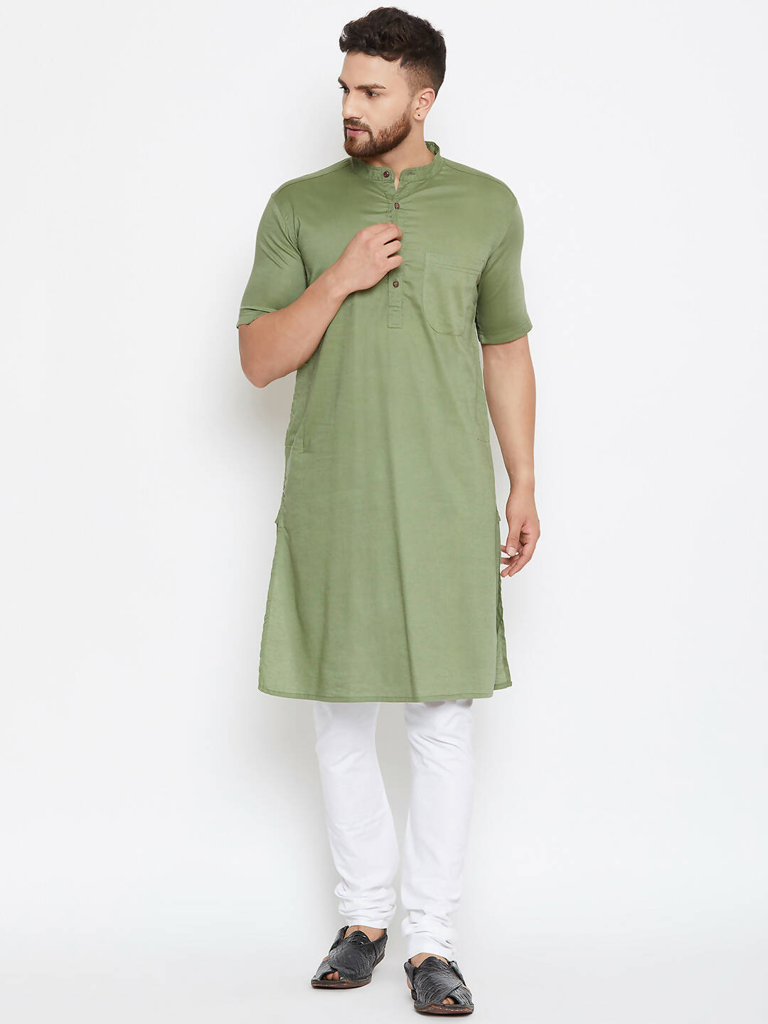Even Apparels Green Color Pure Cotton Men's Kurta With Band Collar | Swadesiicart