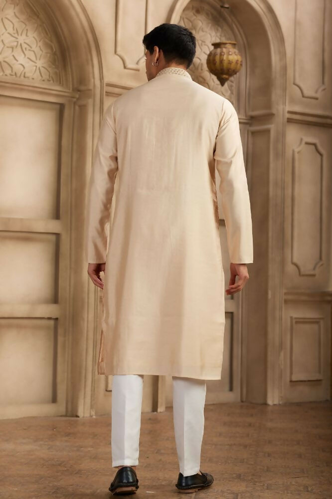Raivat Ethnic Banarasi Art Silk Mirror Work Kurta Pajama In Beige Colour | Swadesiicart