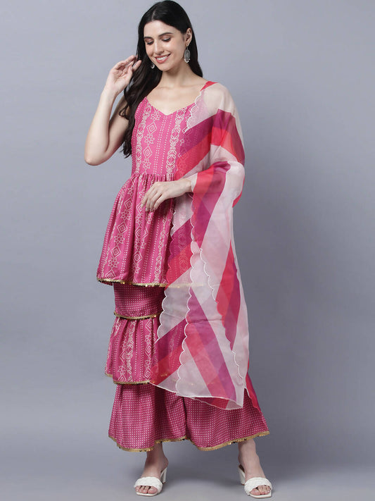 Myshka Stylish Pink Sleeveless Women's Kurta Sharara with Dupatta Set | Swadesiicart