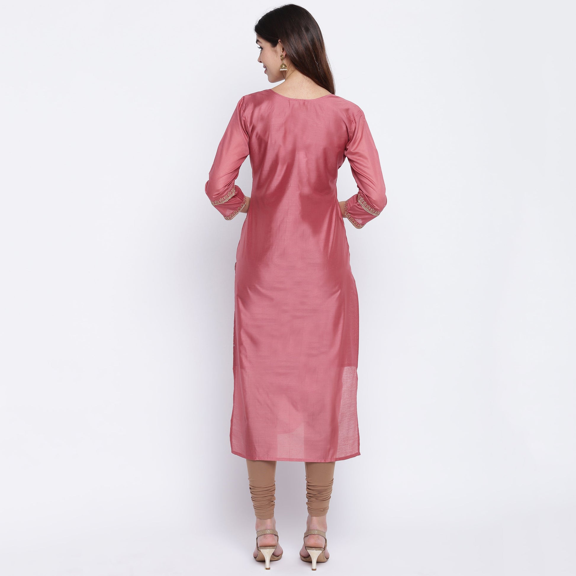 NOZ2TOZ Women's Sequence Work/Hand Work Straight Chanderi Dark Peach Kurta Only - Swadesiicart