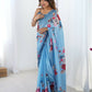 Blue Chinon Designer Digital Printed,Mirror Cut Work Saree - Elayna