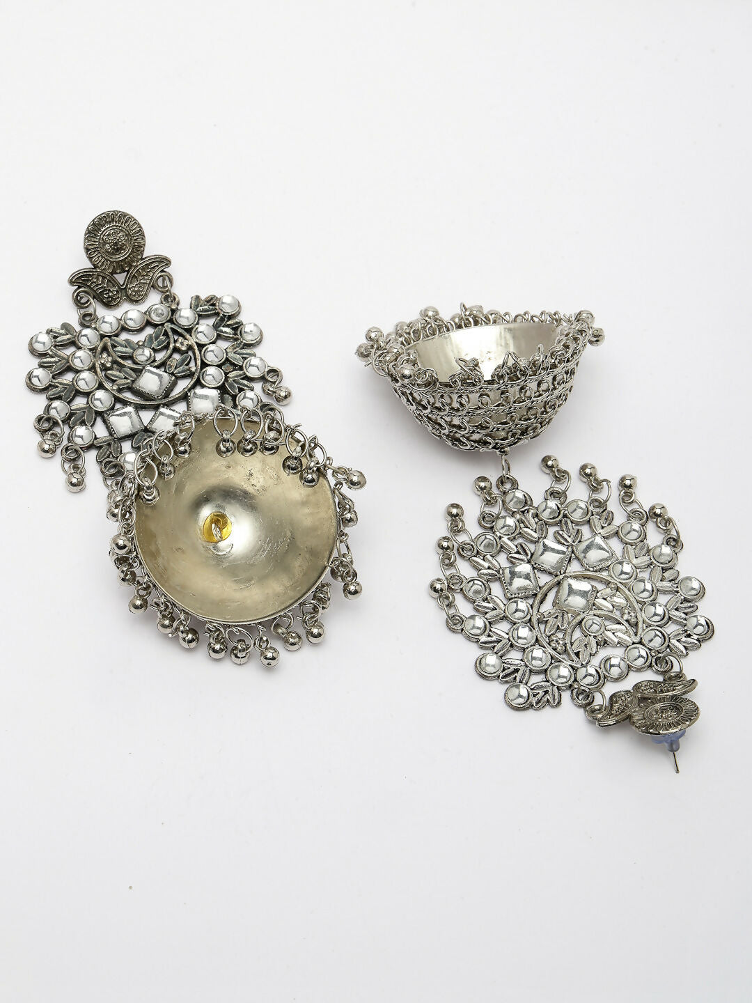 NVR Women's Silver-Plated Oxidised Artificial Stones Dome Shaped Jhumka Earrings | Swadesiicart