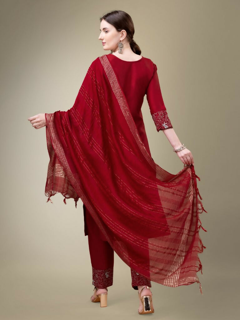 Jyoti Fashion Women's Maroon Cotton Blend Embroidery & Fancy Lace work Kurta with Trouser & Dupatta | Swadesiicart