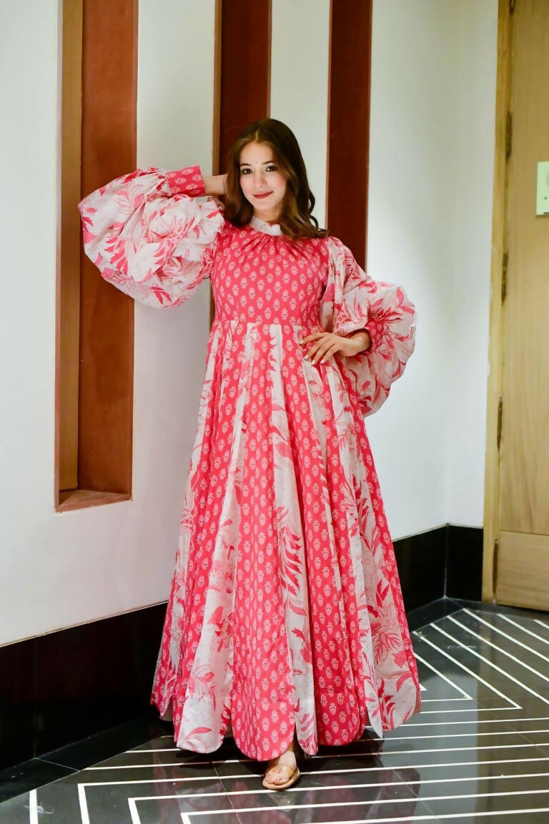 Jyoti Fashion Women's Pink Heavy Digital Printed Cotton Silk Anarkali Dress | Swadesiicart