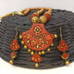 Terracotta Modern Long Necklace Set With Hangings-Indian Red And Gold