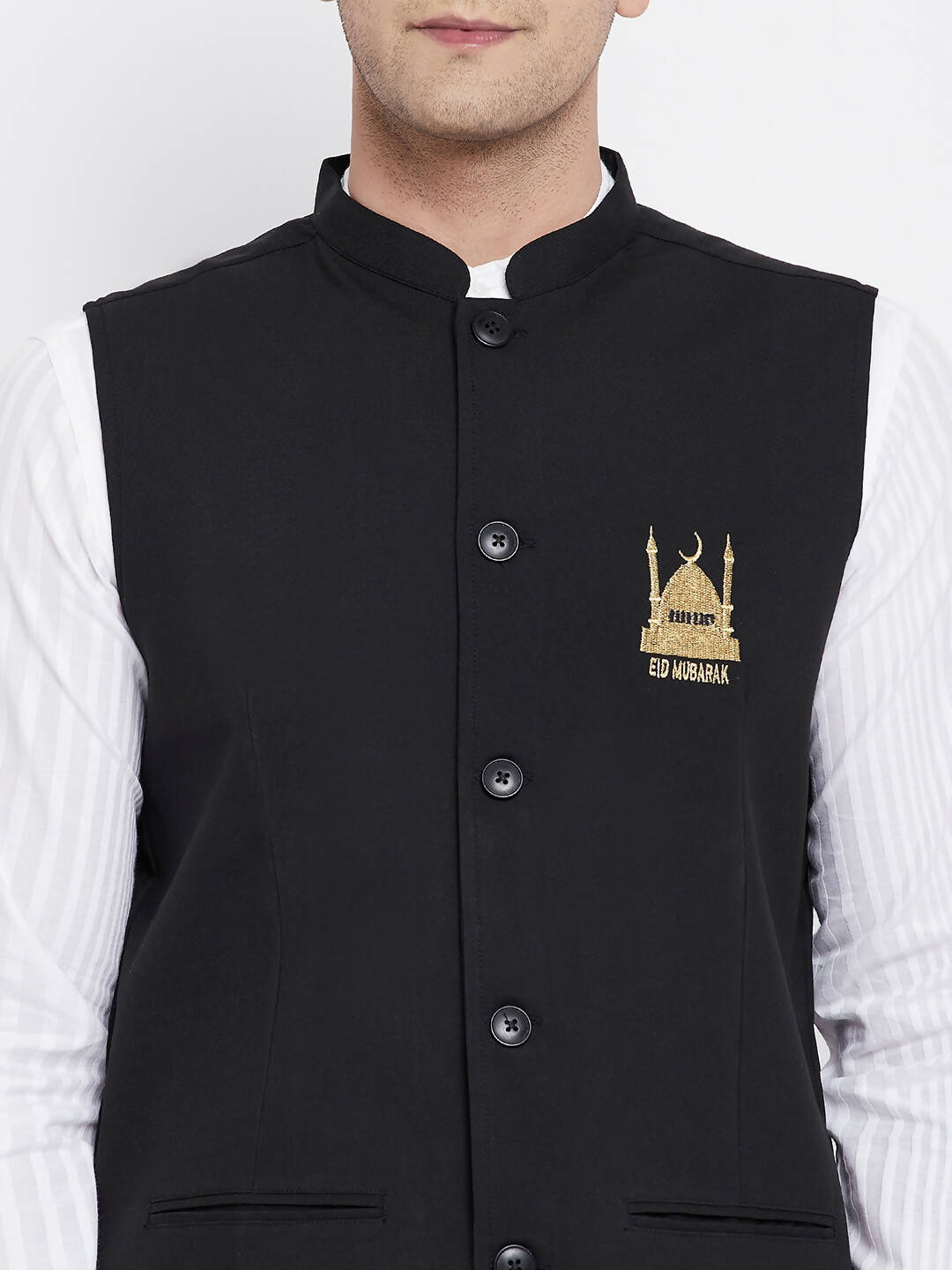 Even Apparels Black Pure Cotton Nehru Jacket With Eid Insignia NJ-PW668-EID | Swadesiicart