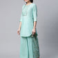 Ahalyaa Women Teal Pure Cotton Gold Foil Printed Pakistani Style Kurta Palazzo Set | Swadesiicart