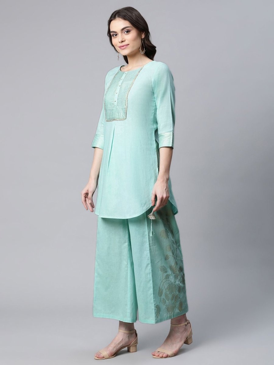 Ahalyaa Women Teal Pure Cotton Gold Foil Printed Pakistani Style Kurta Palazzo Set | Swadesiicart