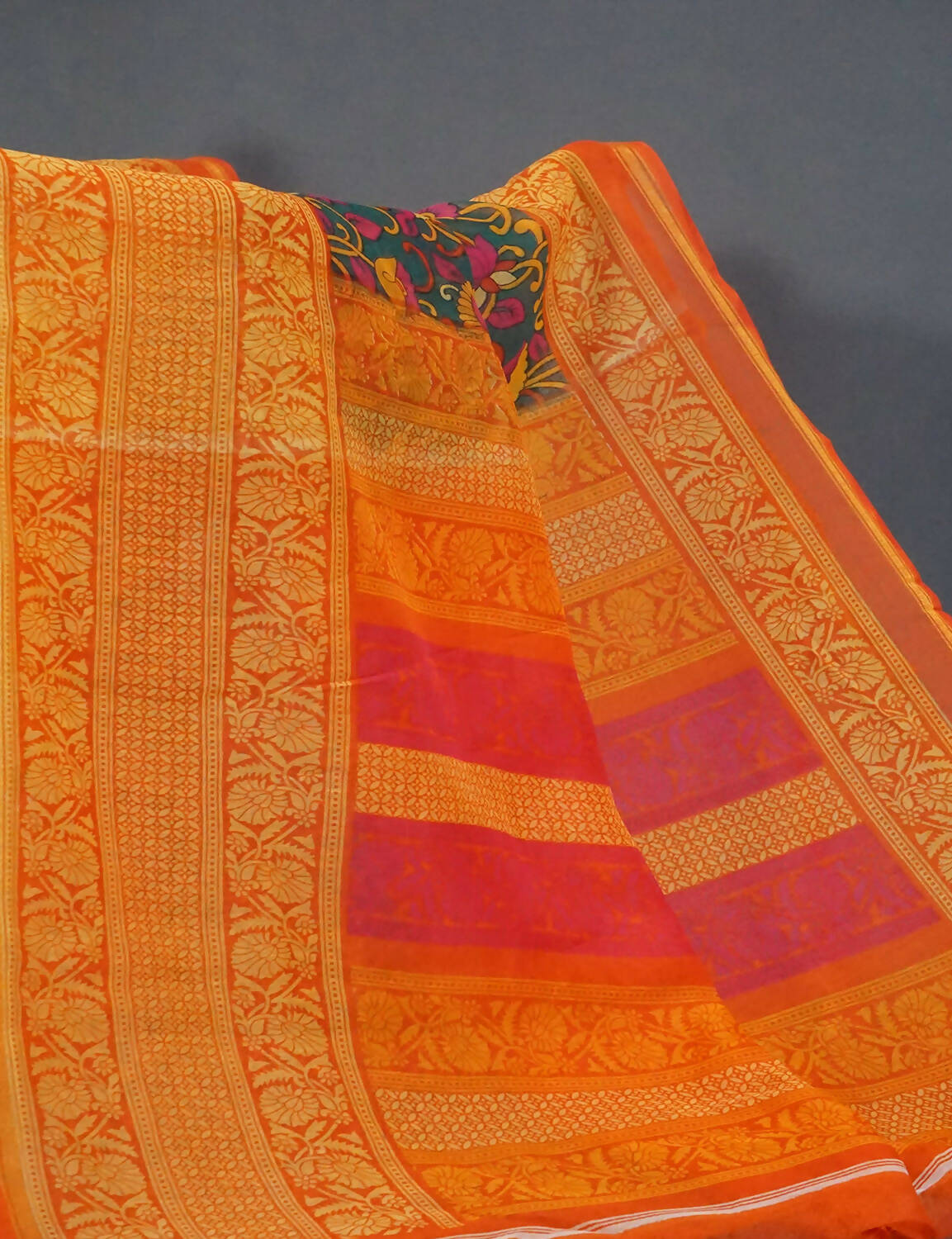 Vibrant Shades Of Green Kalamkaari Design Semi Chanderi Saree With Contrast Blouse By Gayathri Reddy Designer Studio | Swadesiicart