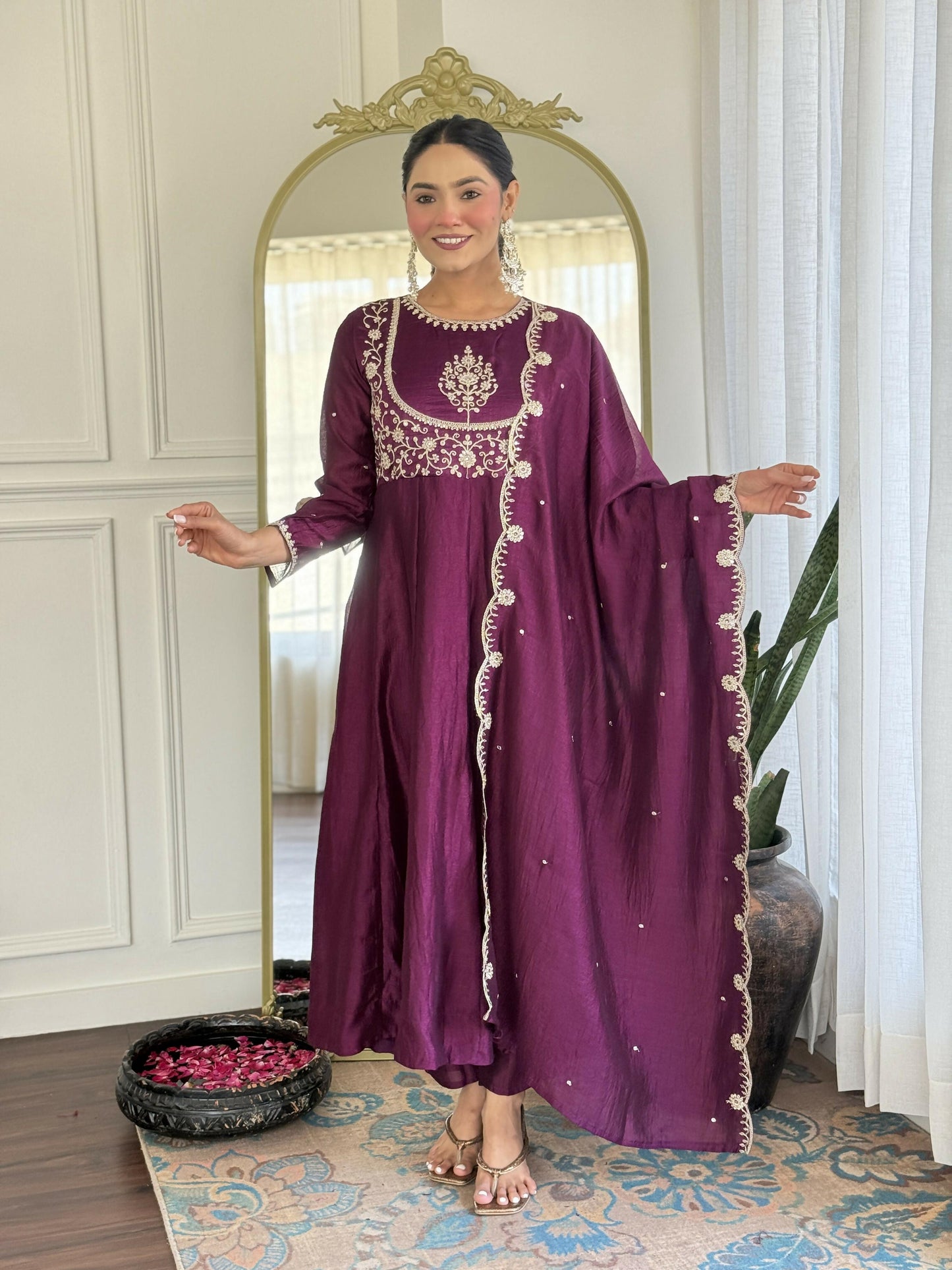 The52 Purple Women's Gorgeous Embroidered Vichitra Silk Fabric Flared Kurta Pant with Dupatta Set - Swadesiicart