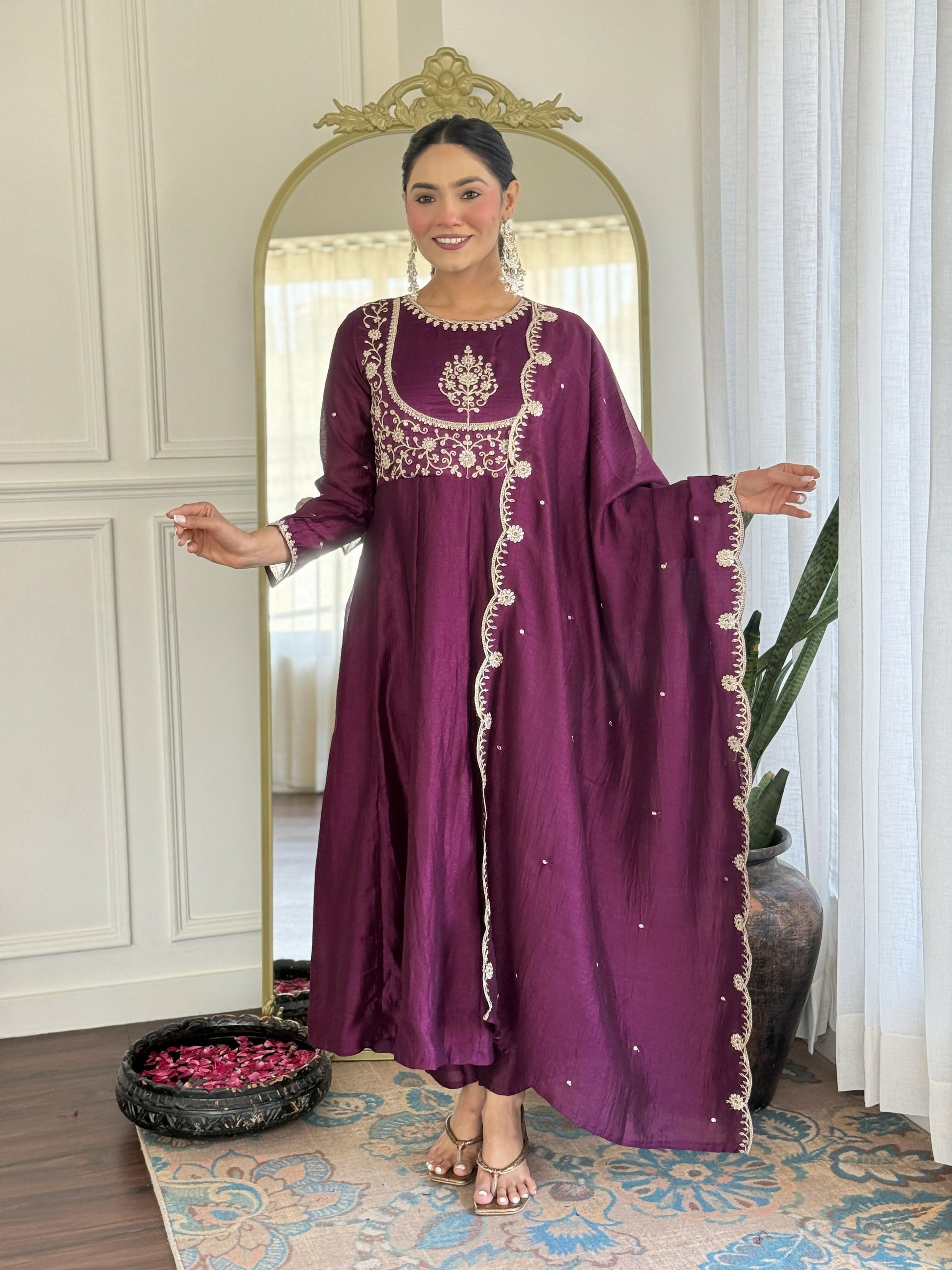 The52 Purple Women's Gorgeous Embroidered Vichitra Silk Fabric Flared Kurta Pant with Dupatta Set - Swadesiicart