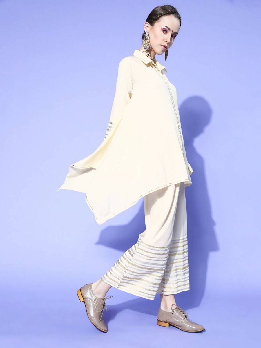 Ahalyaa Women Off White Colour Crepe Printed Top Palazzo Set | Swadesiicart