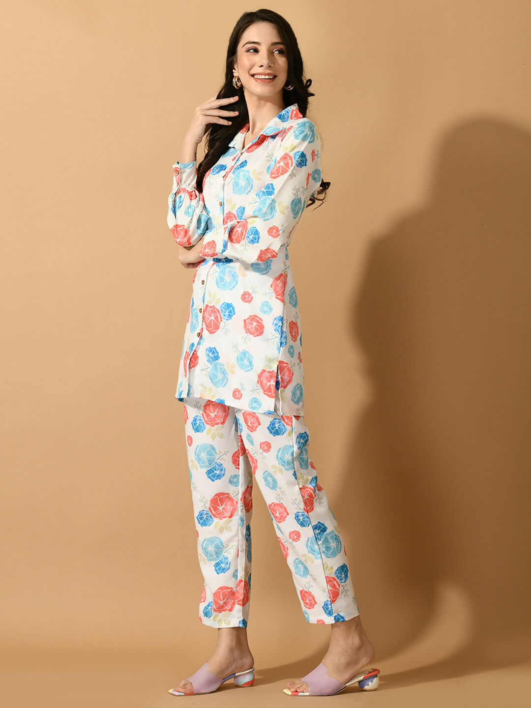 Myshka Women's White Printed Shirt With Trousers - Swadesiicart