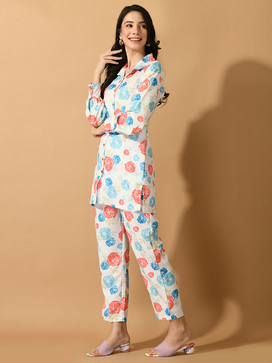 Myshka Women's White Printed Shirt With Trousers - Swadesiicart
