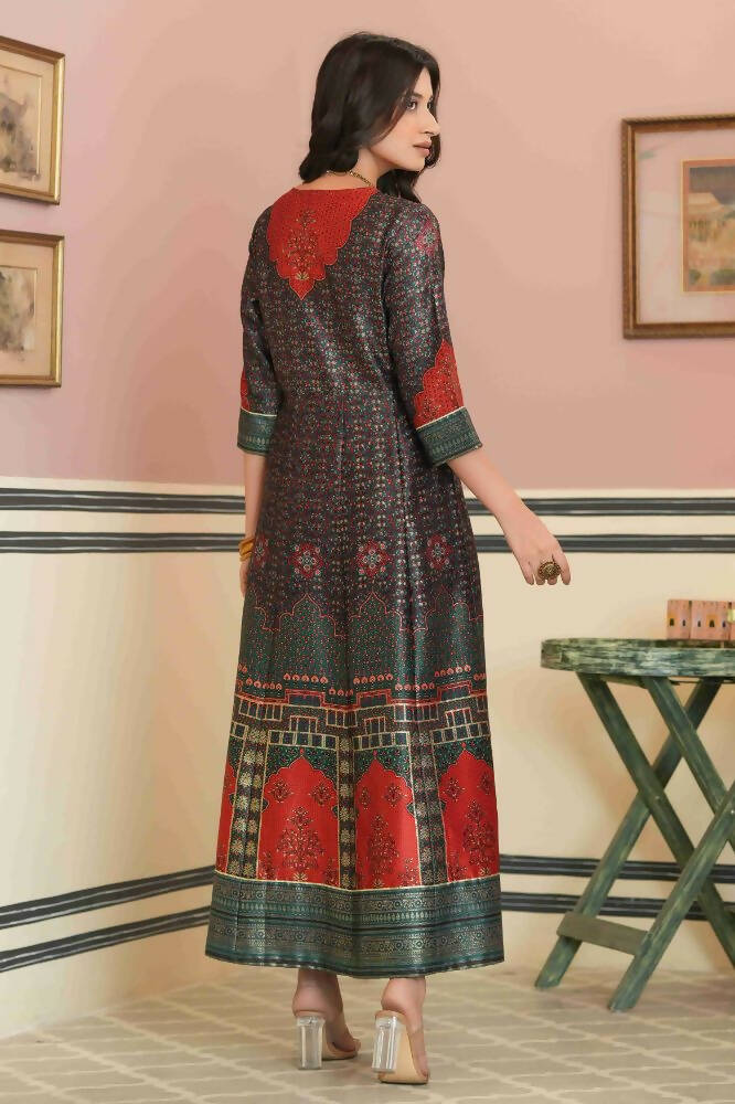 Juniper Green Satin Festive Printed Anarkali Flared Anarkali Kurta For Women | Swadesiicart